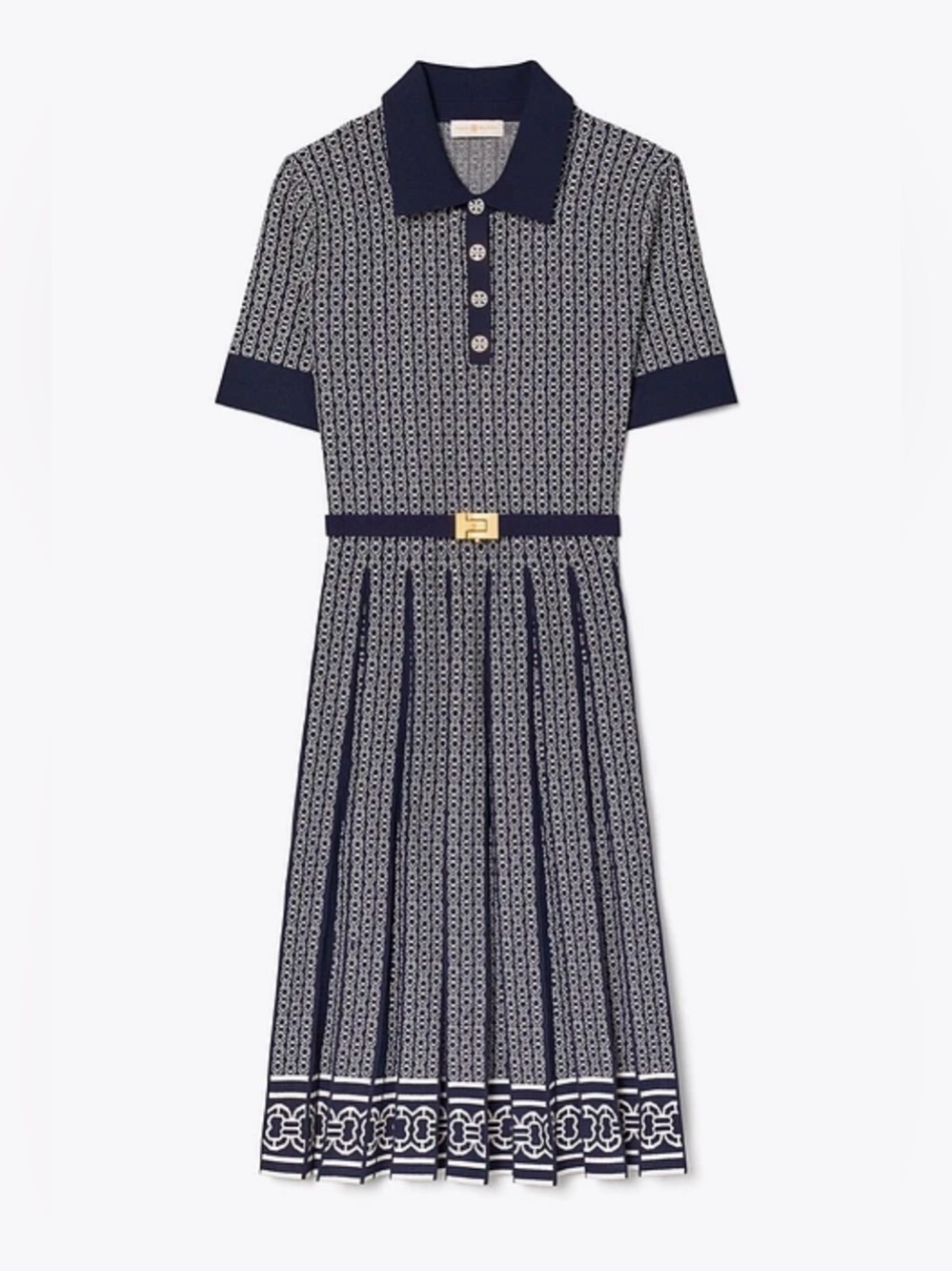 Tory Burch Tory Navy & Classic Ivory White Gemini Link Jacquard Pleated Dress - Picture 3 of 8